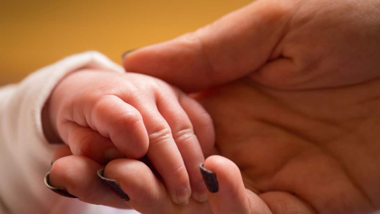 A mother holding the hand of a new baby