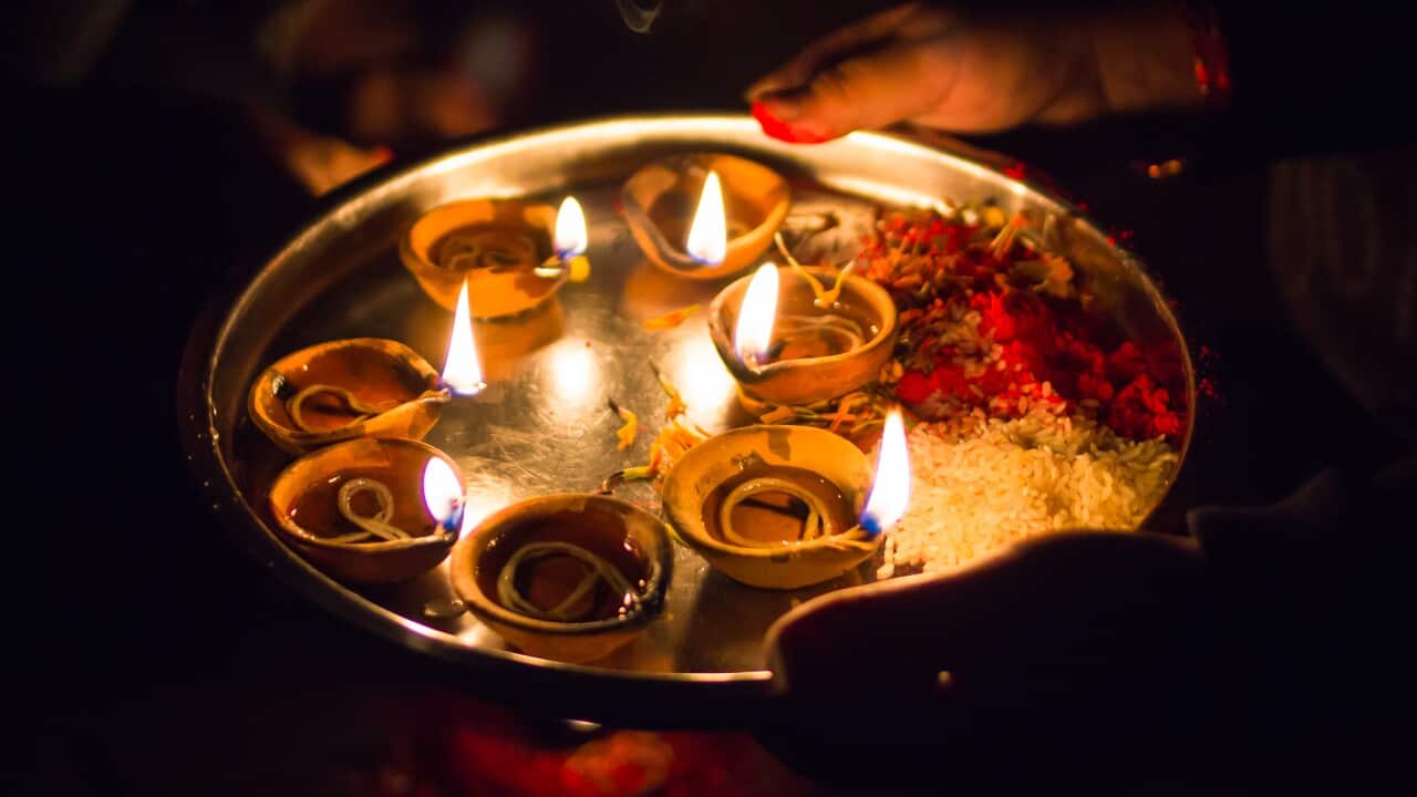 Oil lamps called diyo lit during Lakshmi Puja, Festival of Lights (Kathmandu, Nepal)