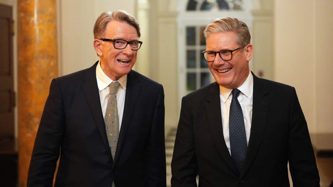 British Prime Minister Keir Starmer, right, talks with Britain's ambassador to the United States Peter Mandelson during a welcome reception at the ambassador's residence on Wednesday, Feb. 26, 2025 in Washington.