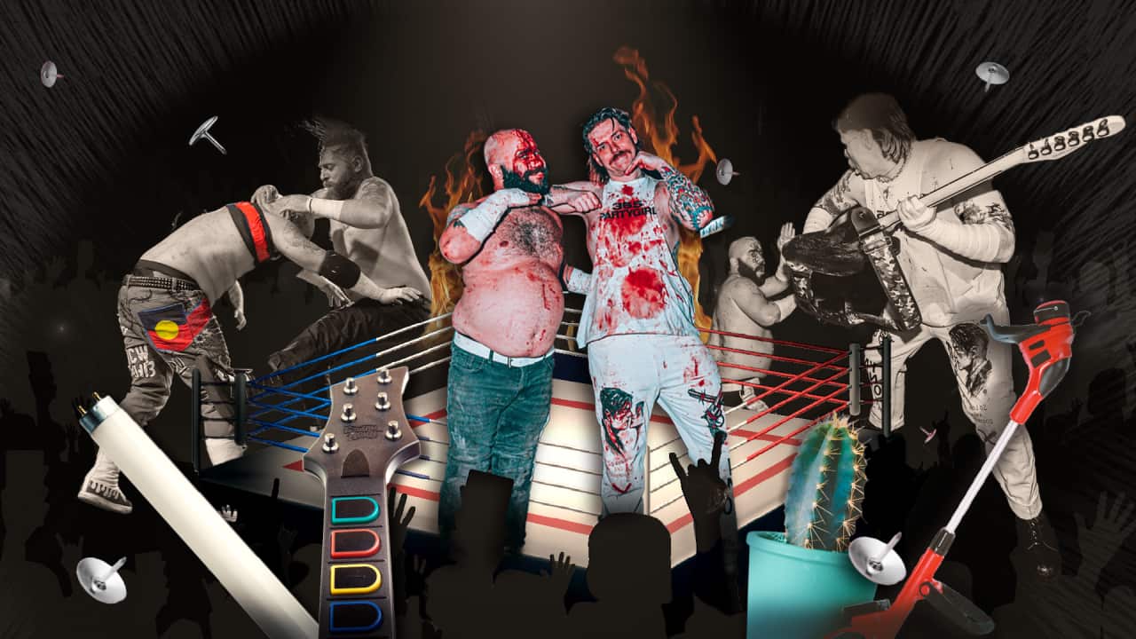 A collage of men wrestling alongside a wrestling ring, light bulbs, Guitar Hero and a cactus.