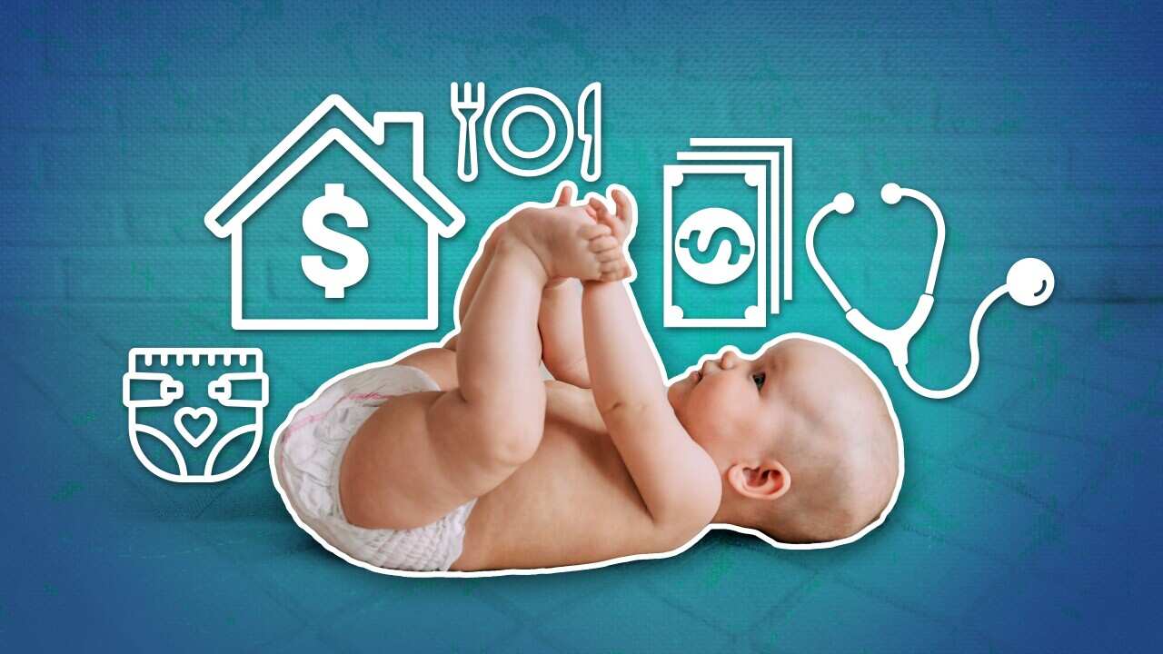 A photo of a baby surrounded by icons including a house, dollar notes, stethoscope