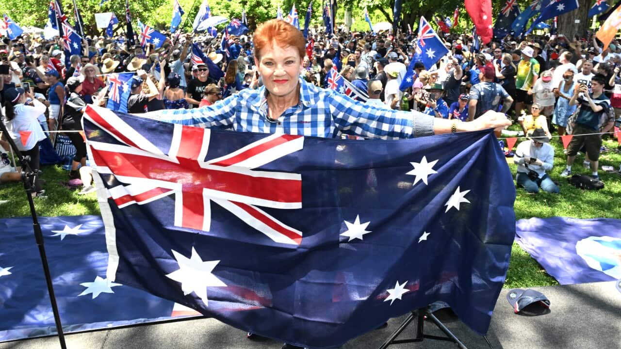One Nation Leader Pauline Hanson is seen with people attending an Australia Marches rally during Australia Day celebrations in Brisbane, Monday, January 26, 2026