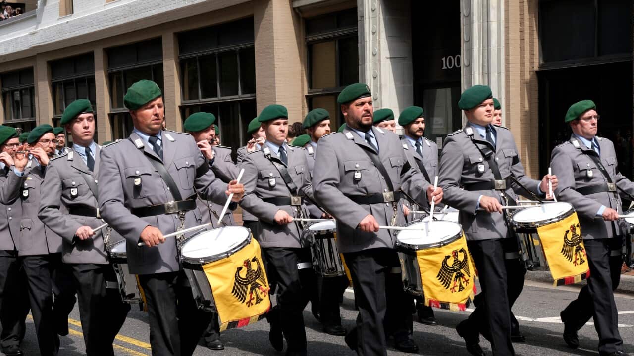 The German marching band performing in the NATO Parade.