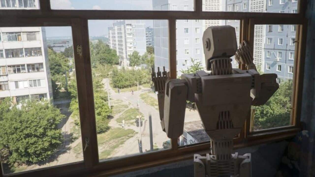 A robot looks out