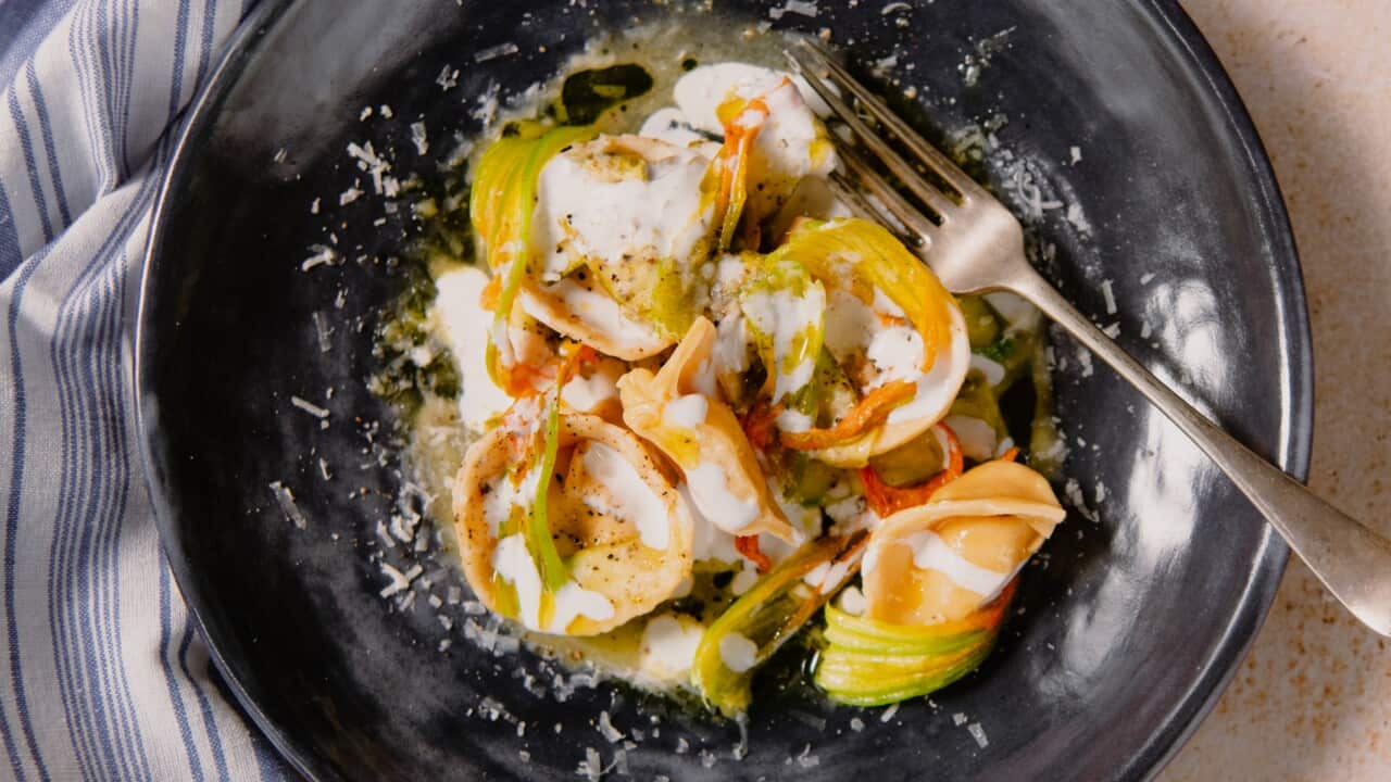 Stracciatella-filled pasta with spring zucchini