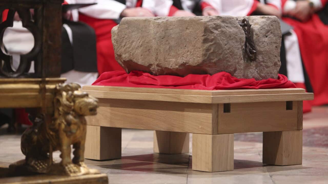 The Stone of Destiny during a welcome ceremony ahead of the Coronation of Britain's King Charles III, in Westminster Abbey, London, Saturday, April 29, 2023.