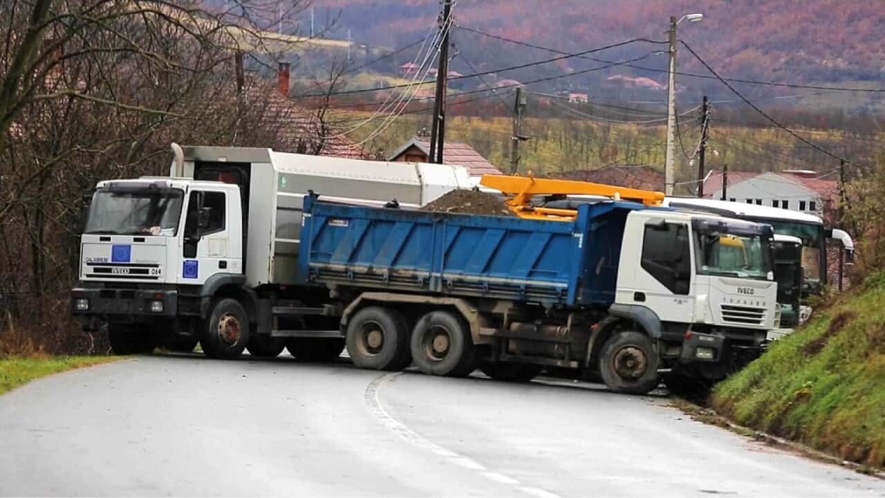 Roads blocked by heavy vehicles in Kosovo (AP).jpg