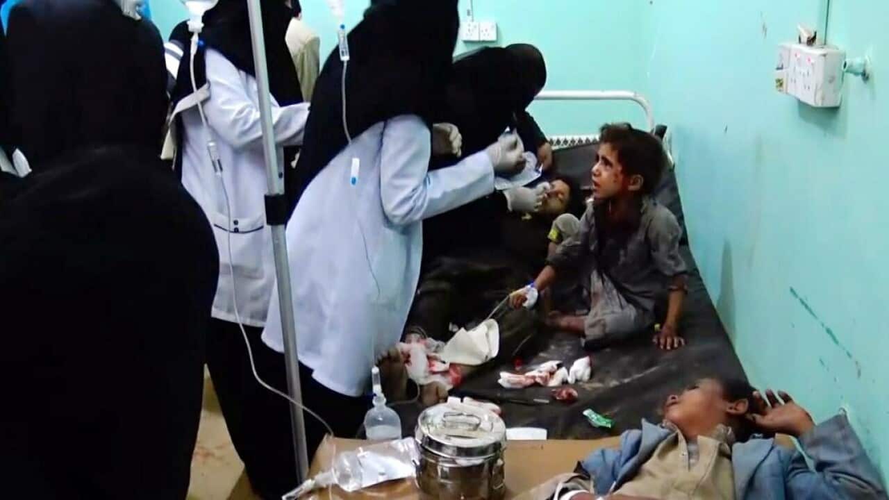 Wounded Yemeni children receiving treatment at a hospital after being injured in an alleged Saudi-led airstrike in Saada, Yemen, 09 August 2018.