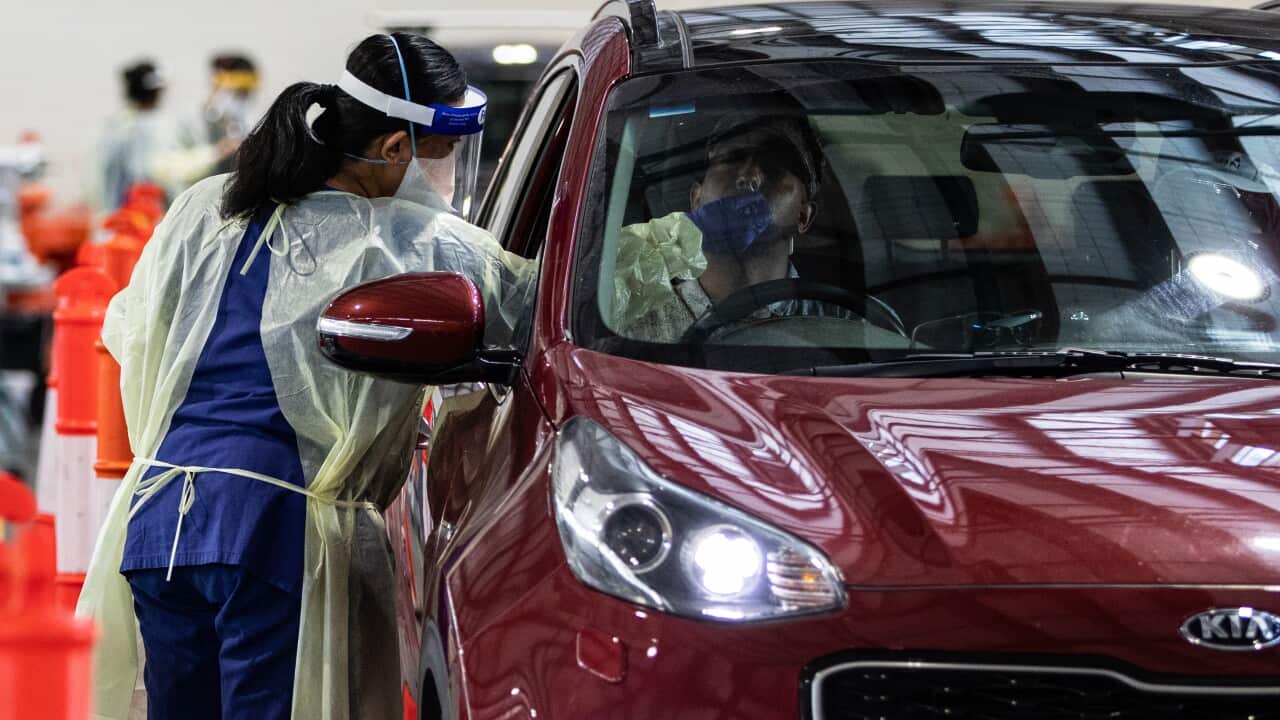 A healthcare worker is seen collecting a swab for a COVID-19 test.