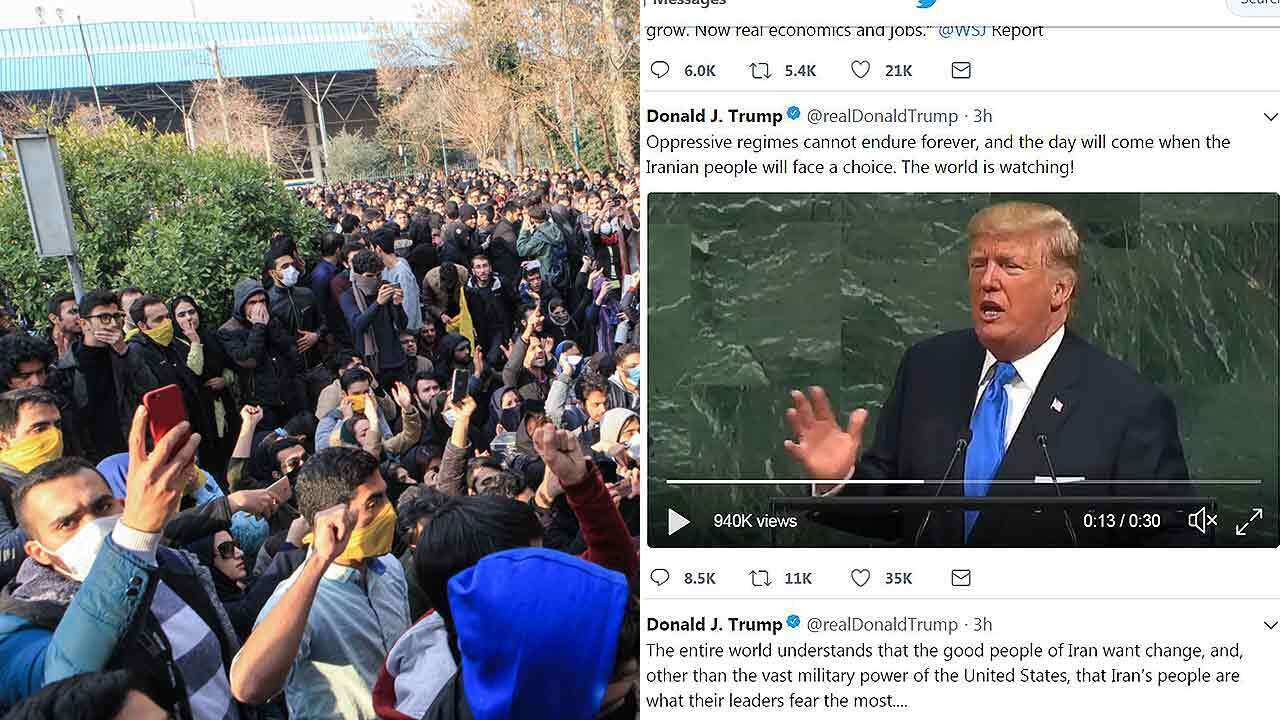 US President Donald Trunp has expressed his support for the Iranian protesters on Twitter by posting his speech to the UN General Assembly.