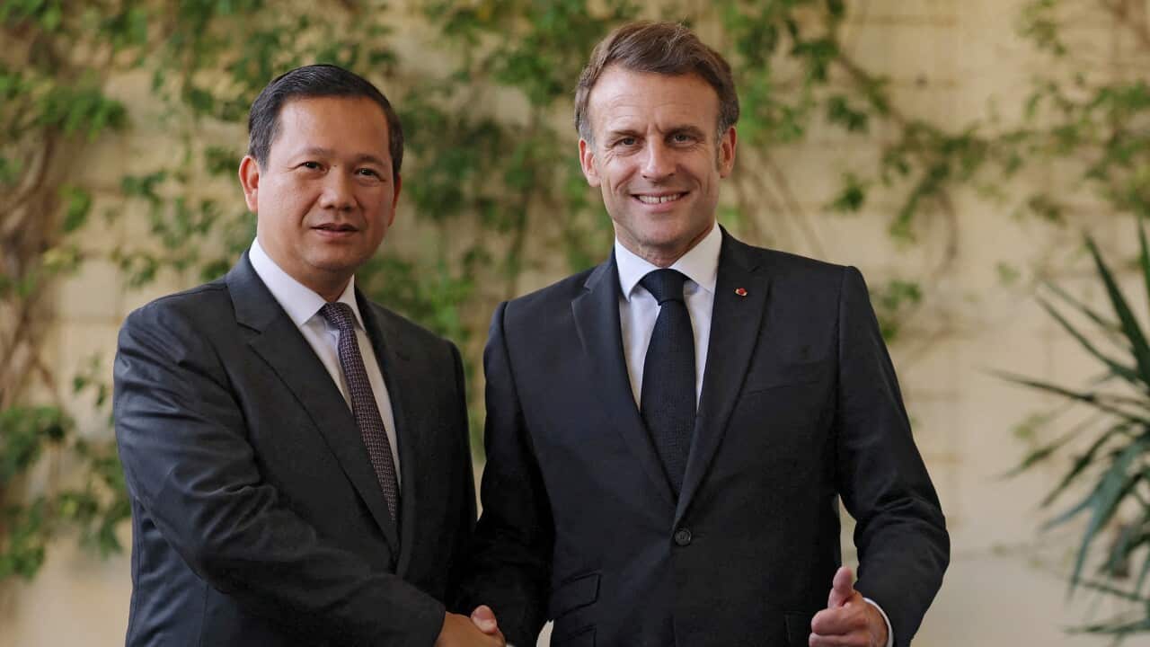 Cambodian Prime Minister Hun Manet and French President Emmanuel Macron