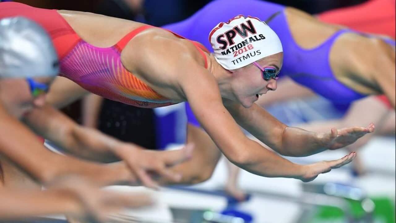 Ariarne Titmus on prepares to dive at the Australian Swimming Trials.