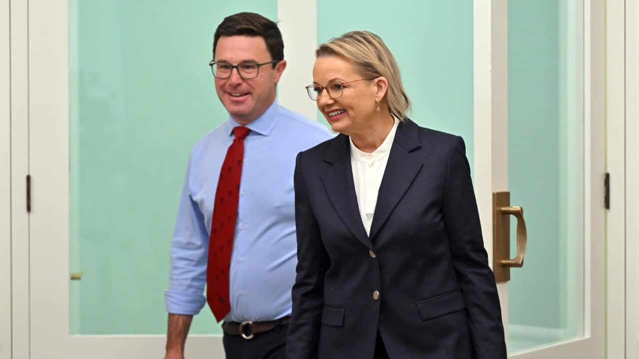 David Littleproud and Sussan Ley, walking next to each other past a white door.
