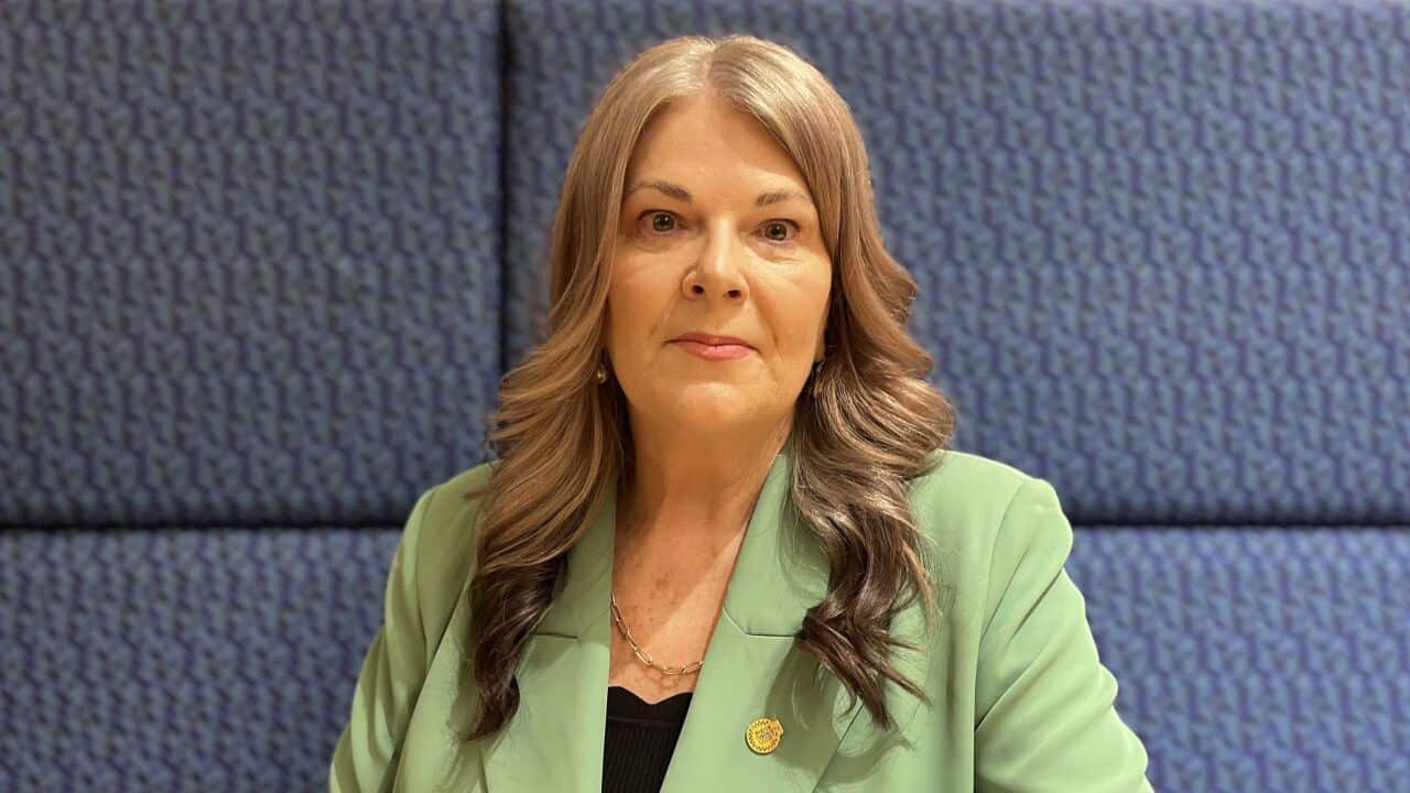 a middle aged woman with long grey hair in a green suit smiles at the camera in a professional headshot