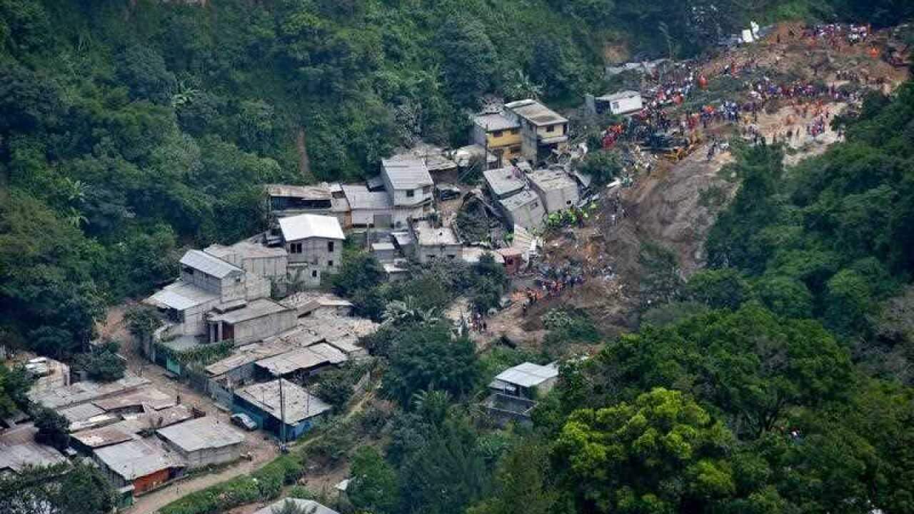 Aerial view of the affected area after a landslide in the village Cambray II, in the municipality of Santa Catarina Pinula, Guatemala