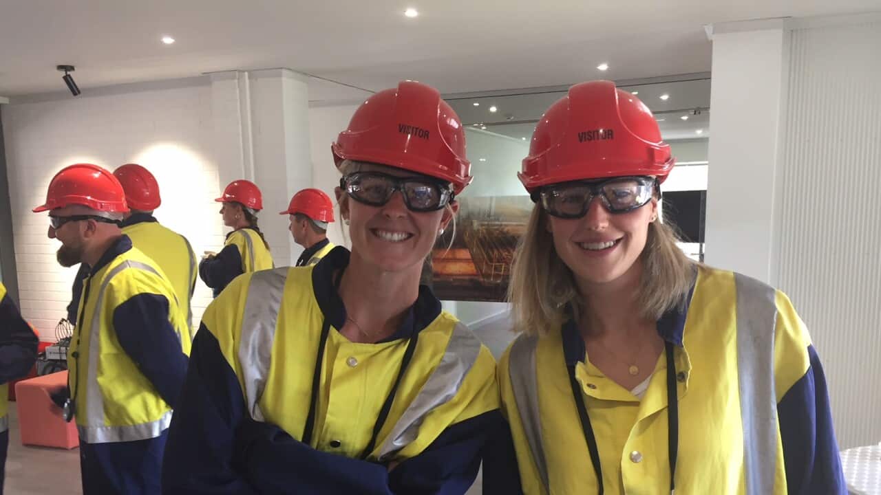 Rachael Lynch [L] and Ellyse Perry at Bluescope Steelworks at Port Kembla