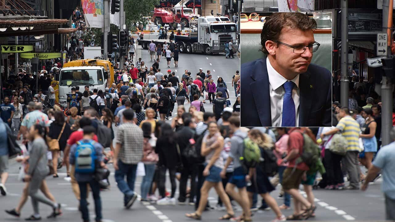 Inset: Alan Tudge. Photo: Boxing Day sales at Sydney's Pitt Street Mall.
