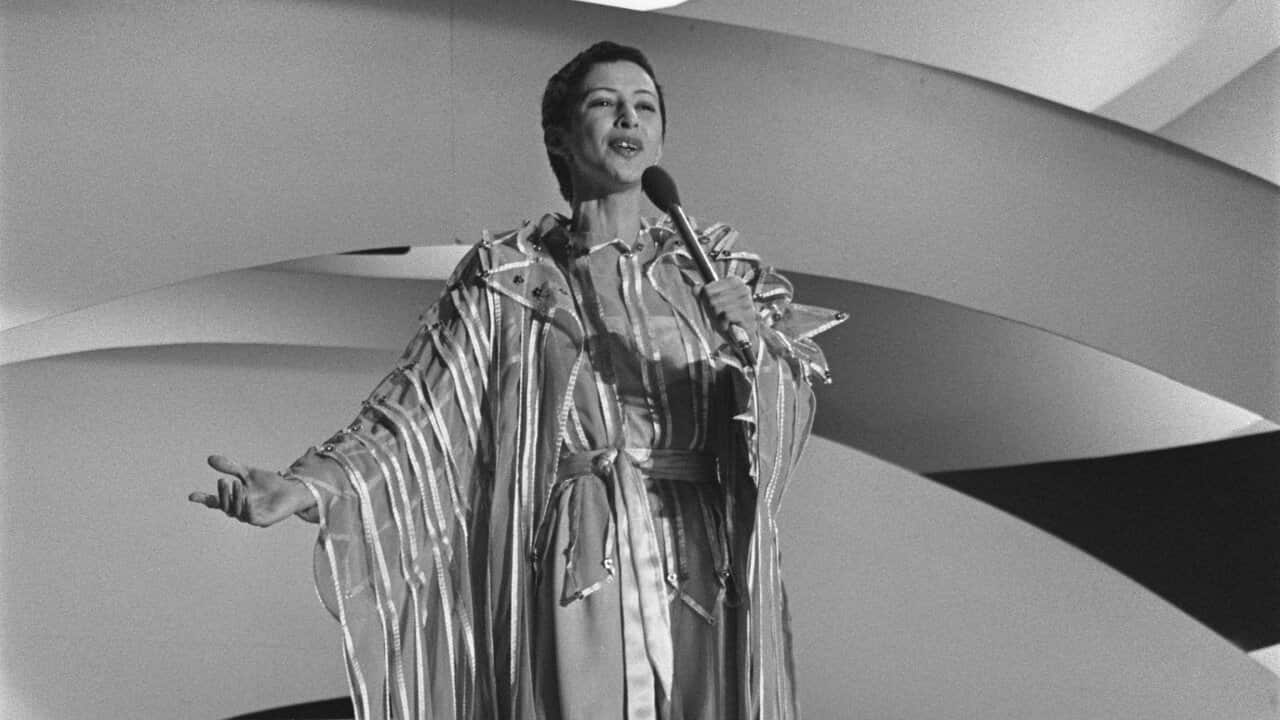 Heddy Lester_tijdens optreden op het Eurovisie Songfestival, 2 februari 1977