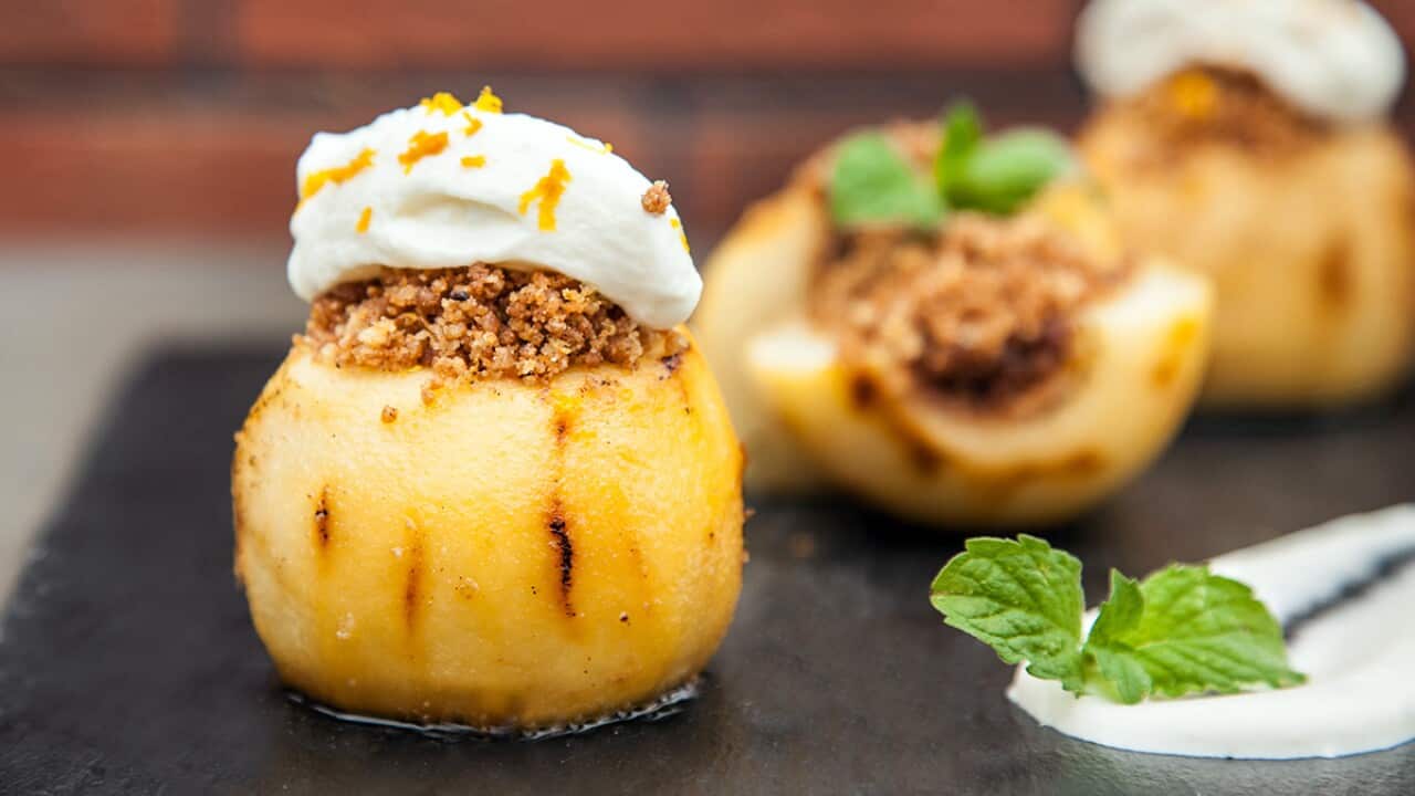Smoked pears with gingersnap stuffing