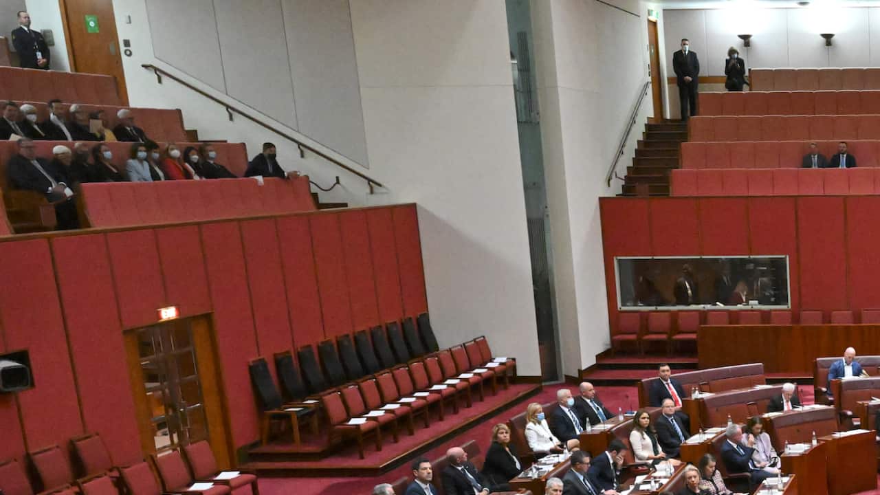 Members and senators listen to Governor General David Hurley address in the Senate chamber during the opening of the 47th Federal Parliament at Parliament House in Canberra, Tuesday, July 26, 2022. (AAP Image/Mick Tsikas) NO ARCHIVING