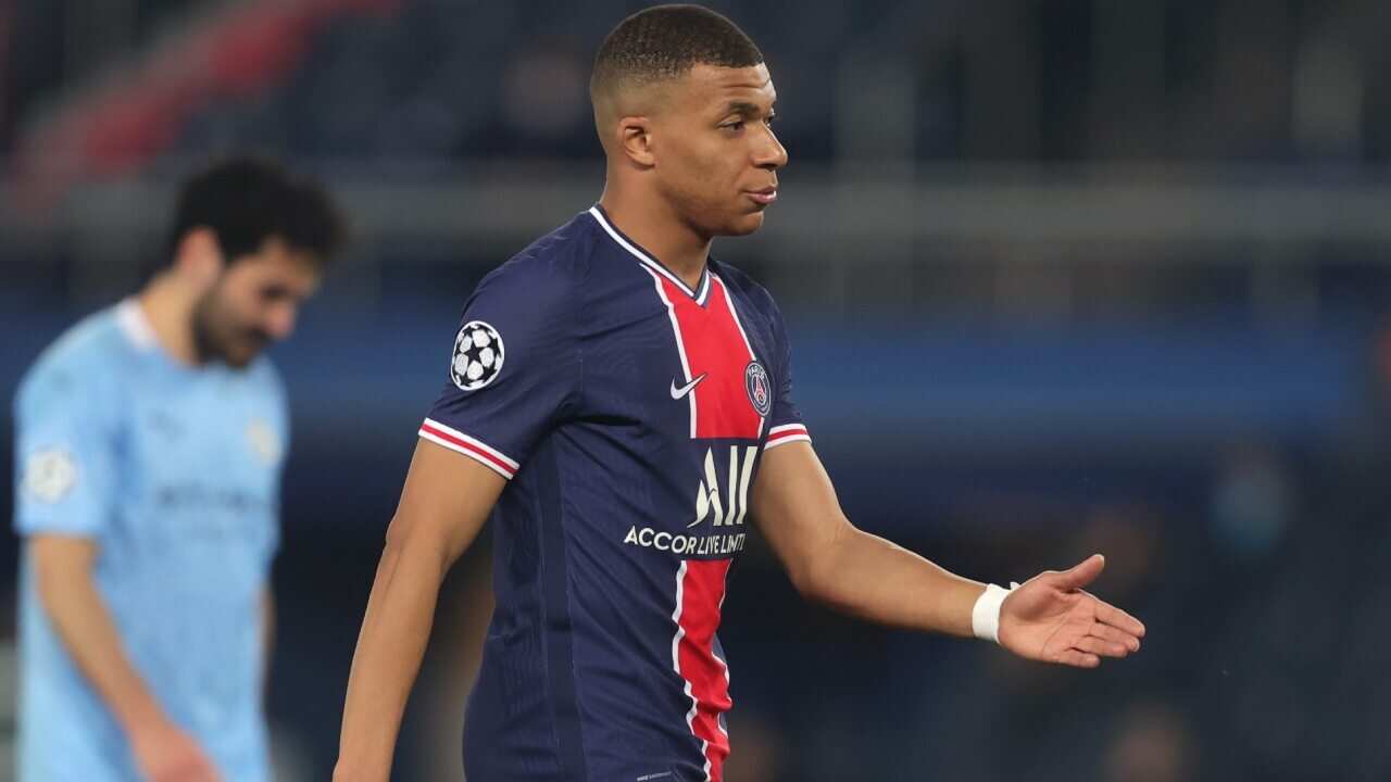 Kylian Mbappe during PSG's match against Man City