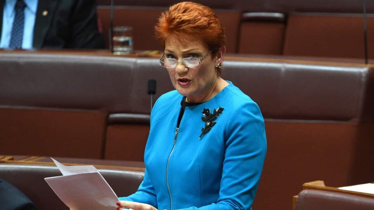 One Nation leader Senator Pauline Hanson makes her maiden speech in the Senate in Canberra, Wednesday, Sept. 14, 2016. (AAP Image/Mick Tsikas) NO ARCHIVING