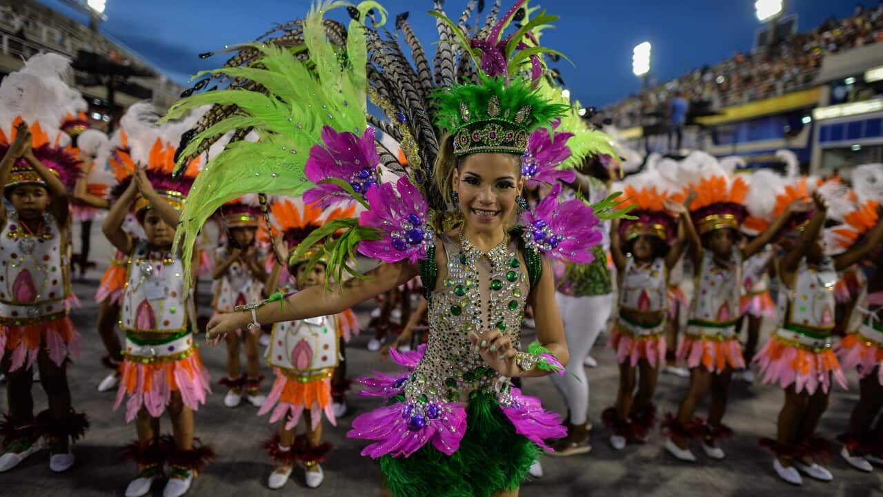 The Mangueira do Amanha junior samba school perform during the juniro carnival parade at the Sambadrome in Rio de Janeiro, Brazil on March 4, 2014. The parade is competed by 16 Junior samba schools (Getty)