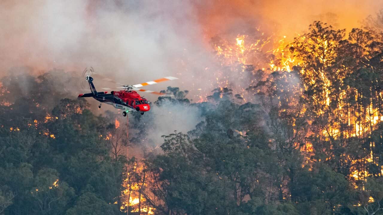 A firefighting helicopter battles a bushfire near Bairnsdale in Victoria's East Gippsland region.