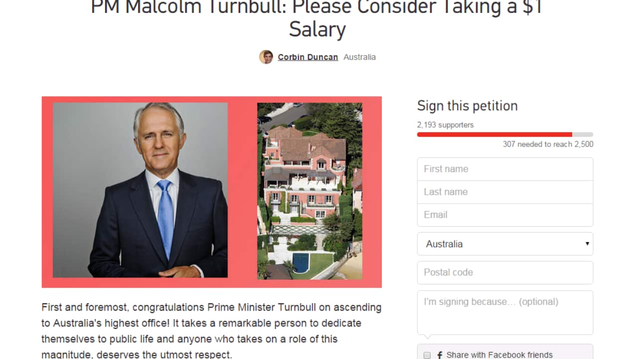 The online petition requesting the prime minister reduce his salary to $1.