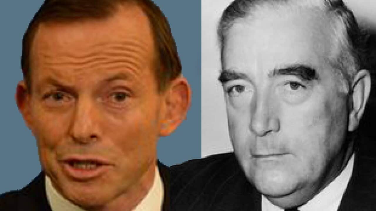 Liberal Party's current leader Mr Tony Abbott (left) and founder Sir Robert Menzies (right)