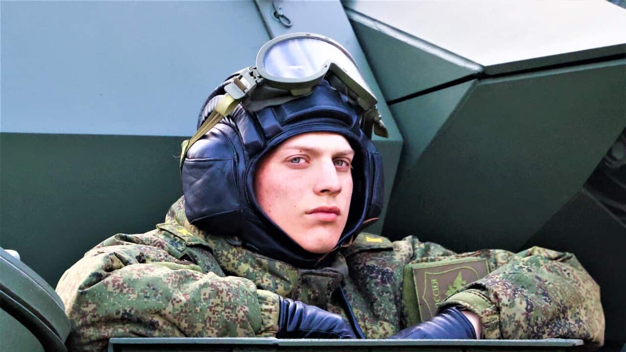 A serviceman on a military vehicle headed for Red Square. Rehearsal for the Victory Day parade the 77th anniversary of the victory over Nazi Germany in WWII.