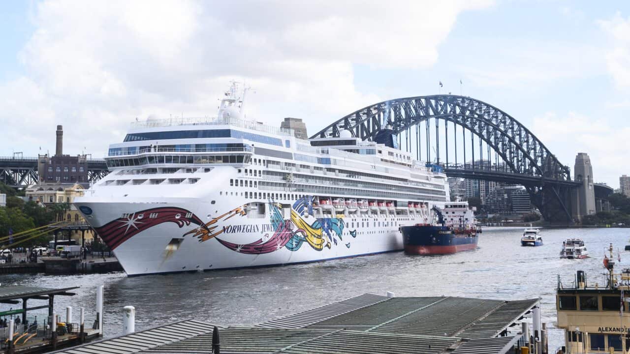 The Norwegian Jewel cruise ship is seen at Circular Quay in Sydney, Friday, February 14, 2020. The cruise ship arrived in Sydney this morning with a passenger now being tested for possible coronavirus. (AAP Image/James Gourley) NO ARCHIVING