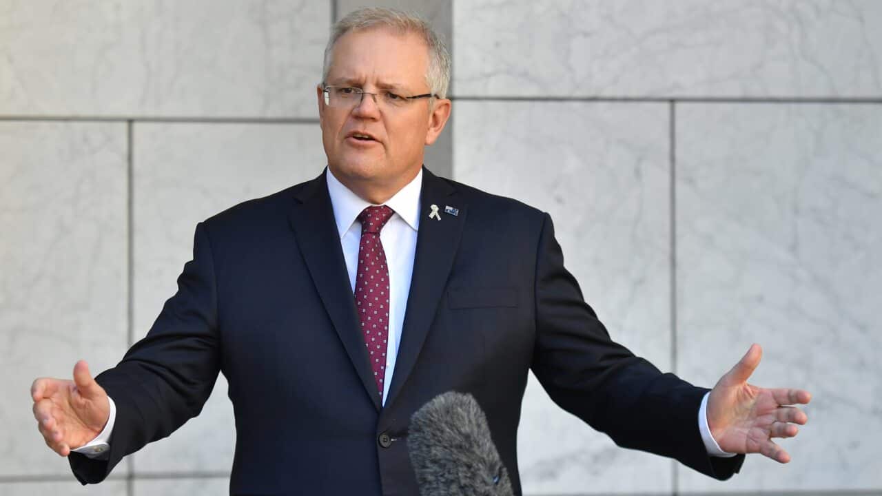Prime Minister Scott Morrison speaks to the media at a press conference in Canberra.