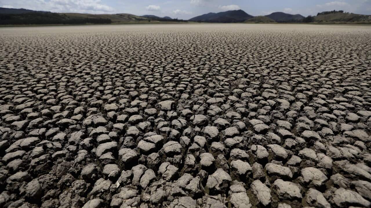 The lakebed of Suesca lagoon sits dry and cracked, in Suesca, Colombia, after years of very little rainfall.
