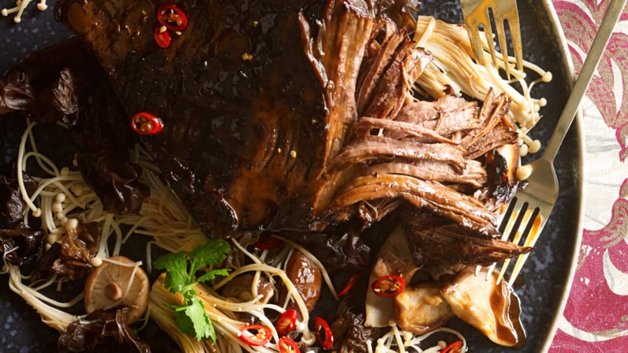 Barbecue brisket with shiitake glaze and stir-fried mushrooms