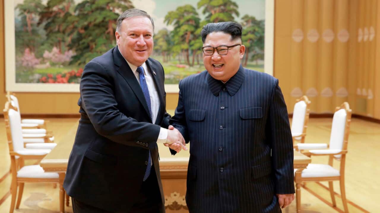 U.S. Secretary of State Mike Pompeo, left, shakes hands with North Korean leader Kim Jong Un during a meeting in Korea headquarters in Pyongyang, North Korea.