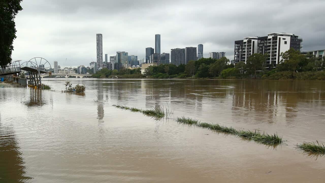 The Brisbane River level is still high in Brisbane, Friday, March 4, 2022. Southeast Queensland is bracing for more damaging rain that could delay the clean-up after flooding. (AAP Image/Jono Searle) NO ARCHIVING