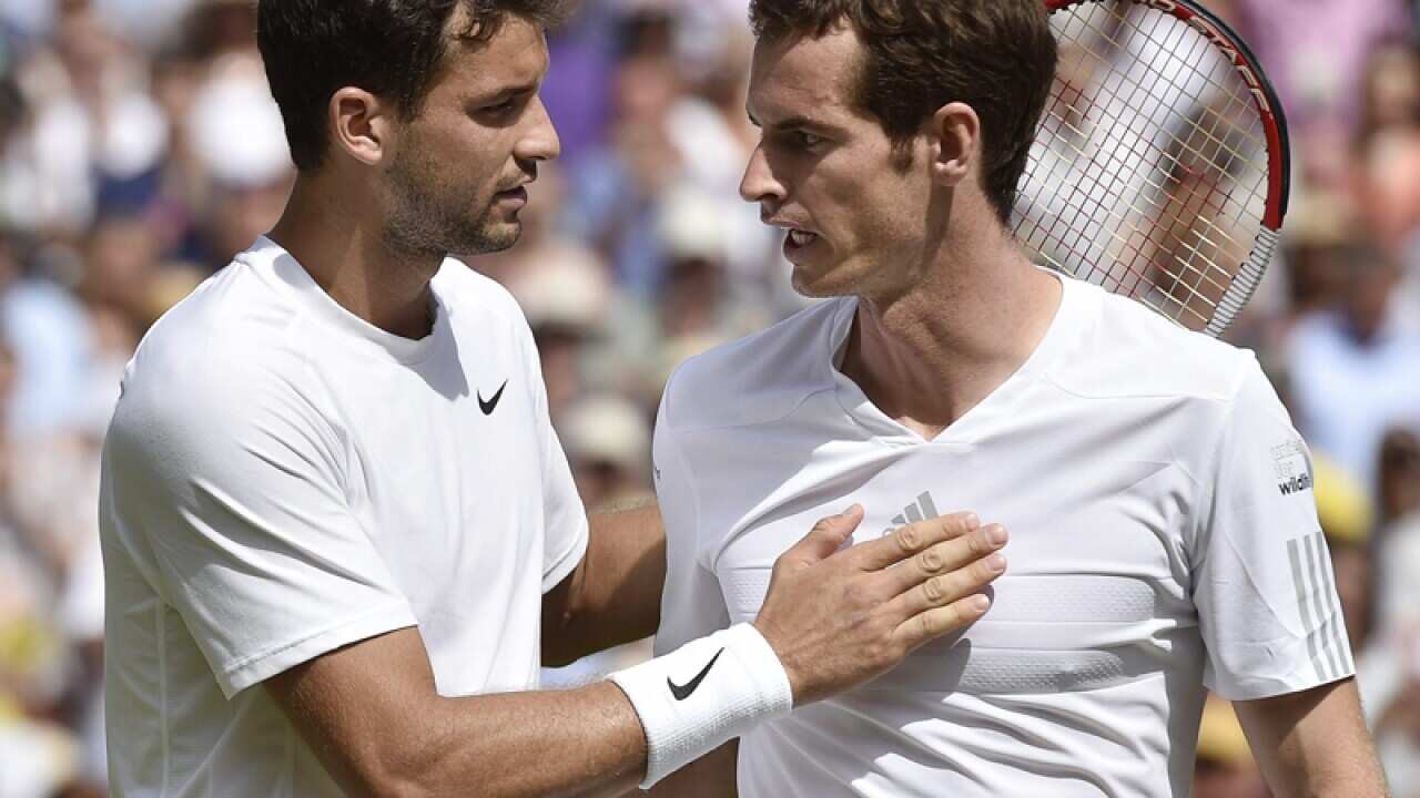 Grigor Dimitrov (L) and Andy Murray during Wimbledon