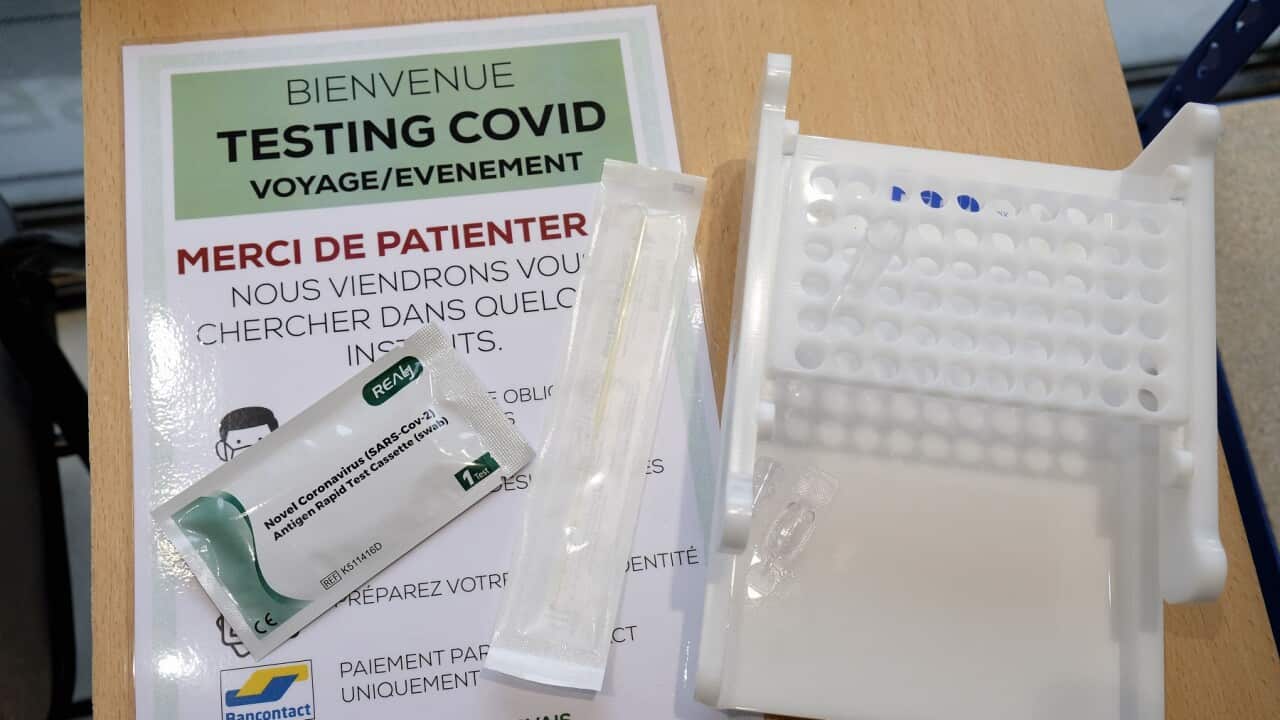 This illustration shows a Rapid Antigen Test kit at Pharmacy Servais in Jodoigne