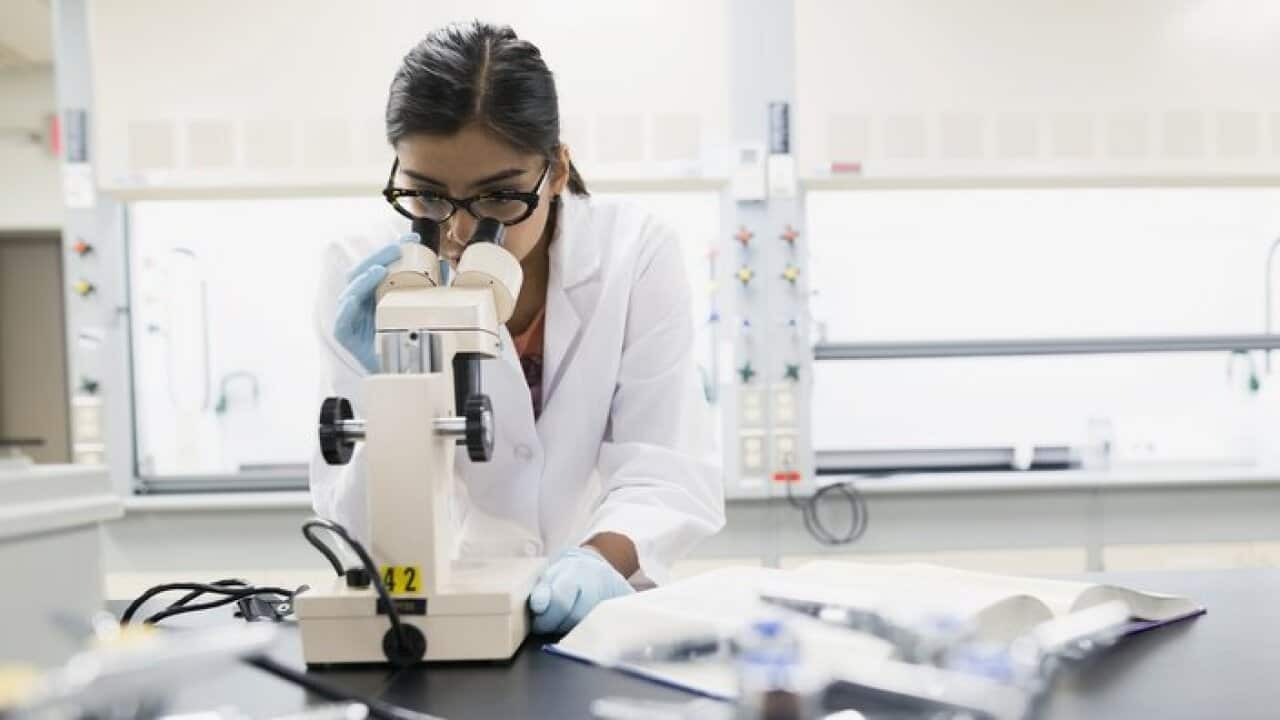 Scientist using microscope in laboratory