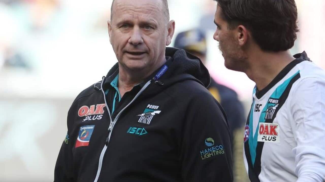 Port coach Ken Hinkley during the Round 22 match against Collingwood.