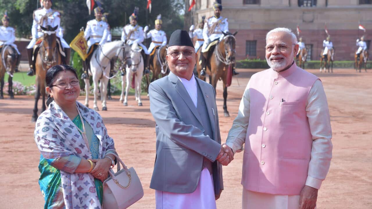 Nepal's Prime Minister KP Sharma Oli and his wife Radhika Shakya welcomed in New Delhi by Indian Prime Minister Narendra Modi in April 2018.