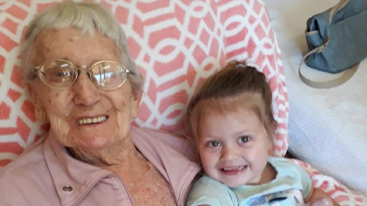 Mollie Manley with her four-year-old great granddaughter, Jasmine, in her aged care home last year.