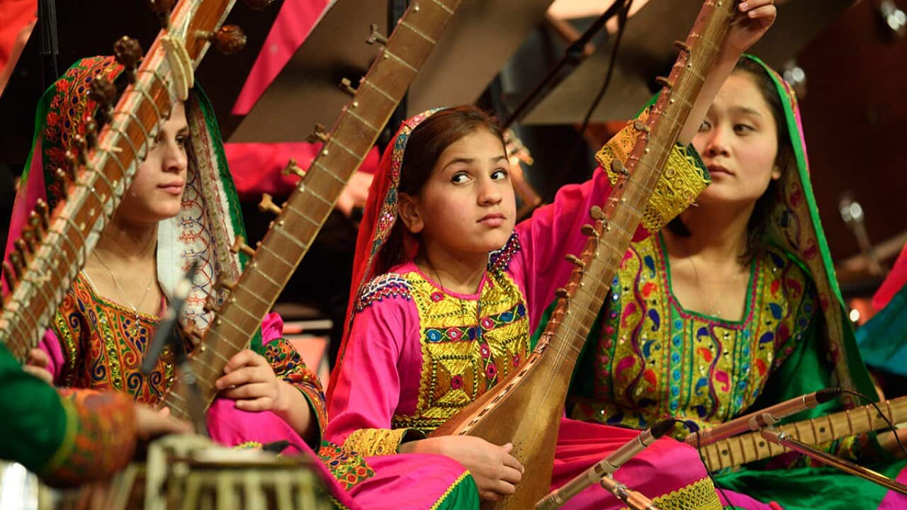 The Afghan Women's Orchestra "Zohra" performs at the closing ceremony of the 47th World Economic Forum in Davos, Switzerland.