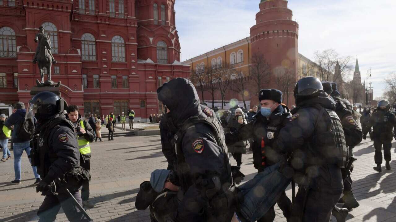 Protesters against Russia's actions in Ukraine are arrested in Moscow in March 2022
