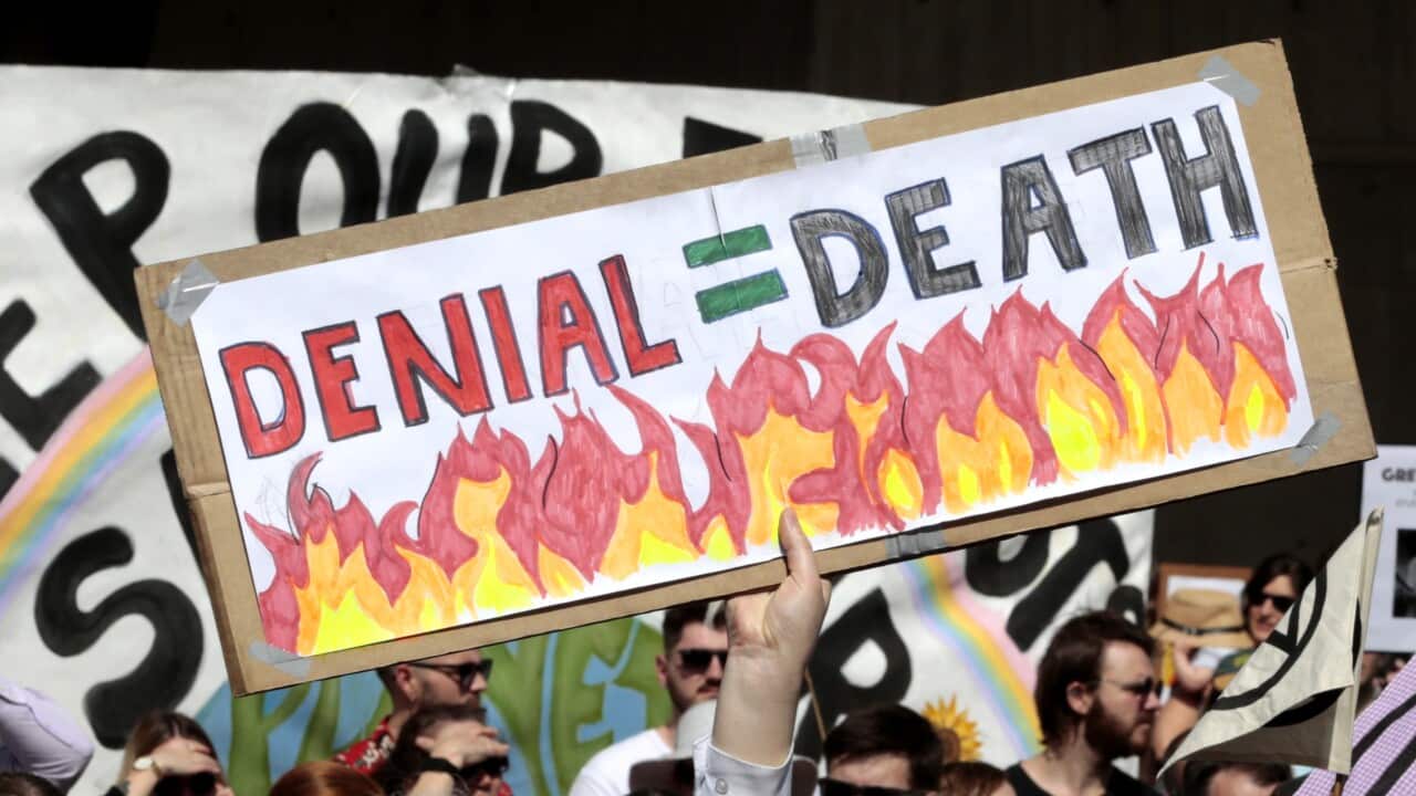 A person holds a placard during a Global Strike 4 Climate rally at Civic Square in Launceston, Tasmania.
