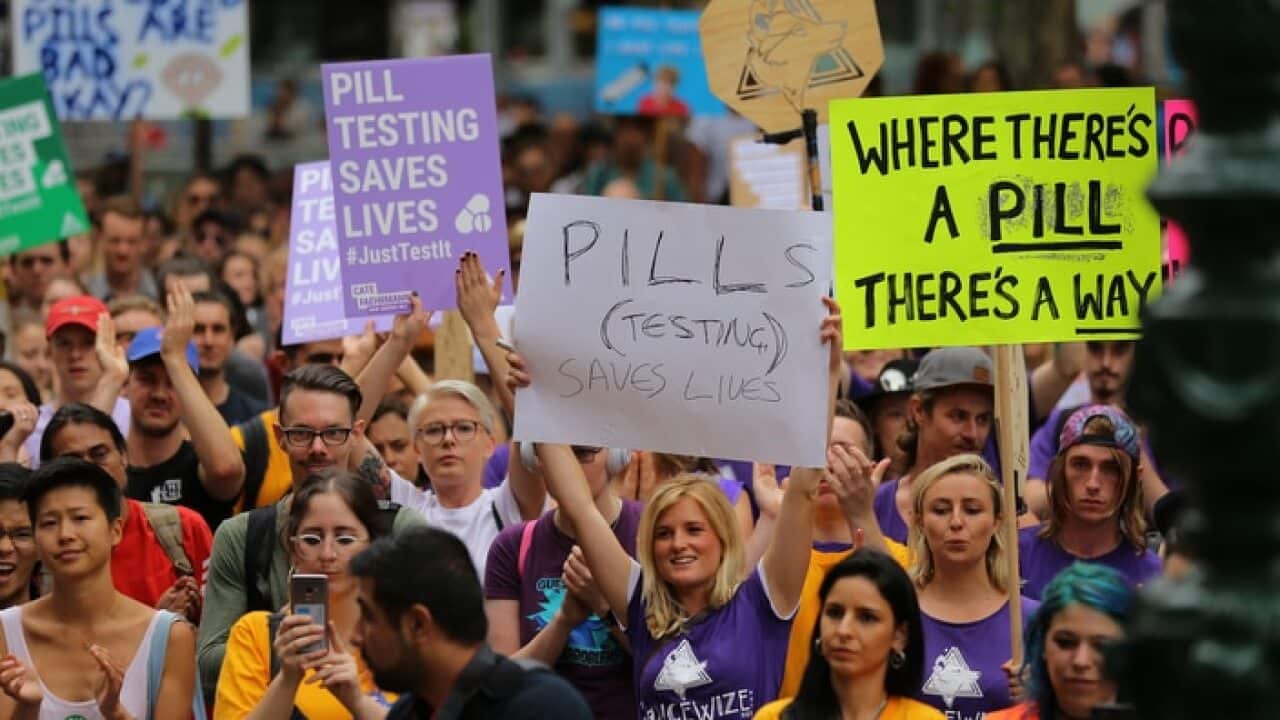 Protesters supporting pill testing seen during a rally in Sydney on January 19.