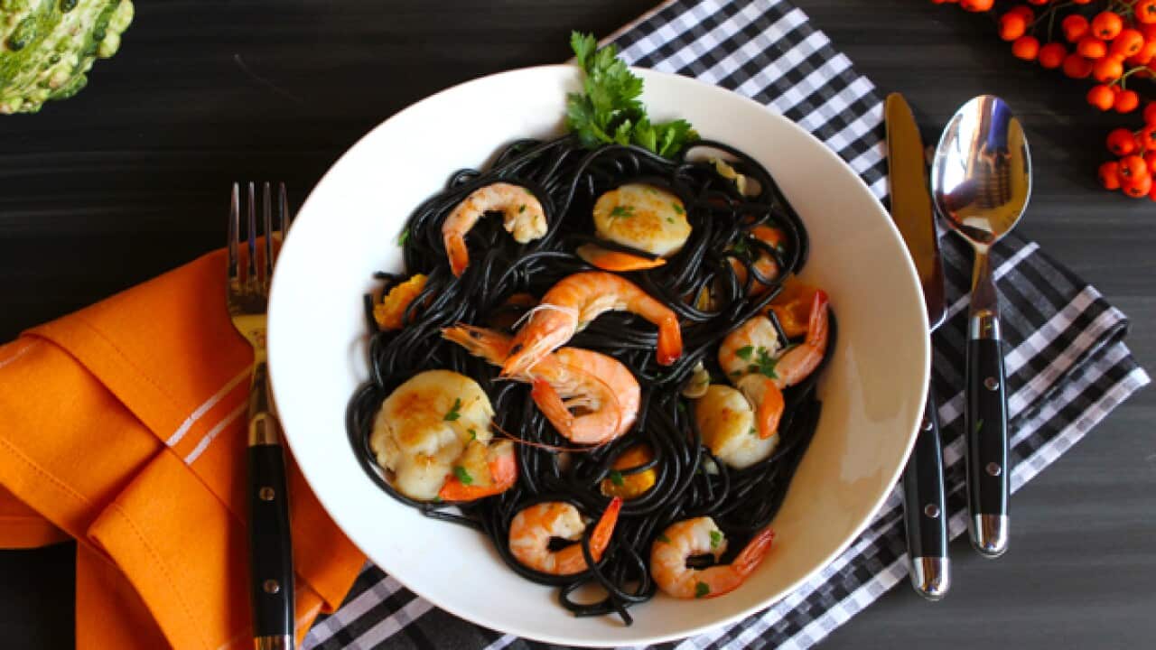 SQUID INK PASTA WITH SHRIMP AND SCALLOPS