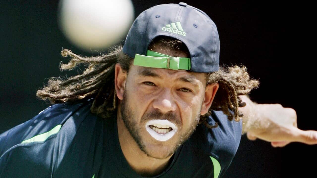 Australia's Andrew Symonds bowls in the nets during a training session on 15 April 2007 at the National Stadium at St George's, Grenada.  