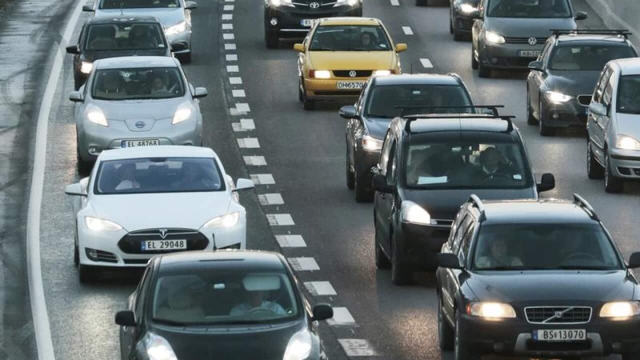 Electric cars queue on the main road into Oslo, Norway.